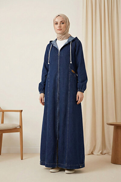 MODAQU Zippered Hooded Pocket Denim Coat - Indigo