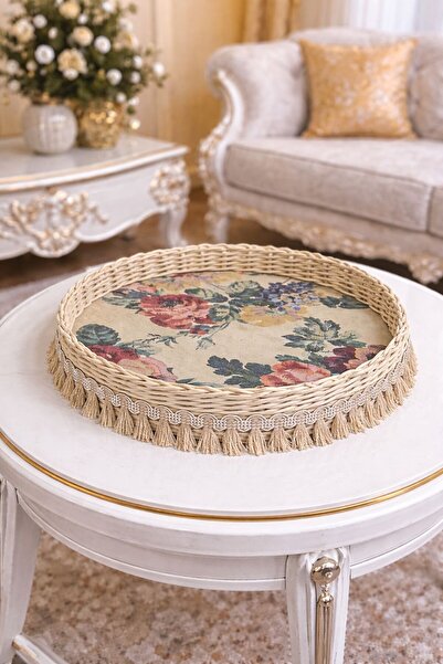 Rosina Rattan Sunumluk 33 Cm Hasır Tepsi Ahsap Detaylı Püsküllü