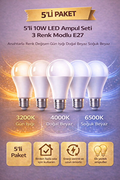 Edison 5 Adet 3 Renk Modlu 10W LED Ampul E27 Duy – Anahtarla Renk Değişen 3 I...