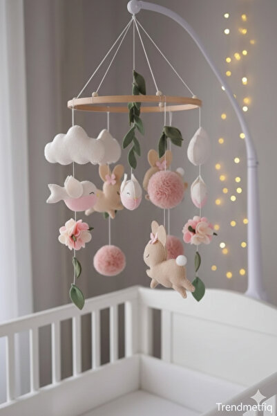 TREND METFİQ DECORATİON El Yapımı Keçe Bebek Dönencesi - Safari Tavşan Ayıcık Temalı Bebek Odası Süsleme Hediyesi MÜZİKLİ