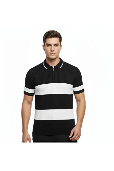 civetta Men's T-Shirt Striped Knitwear Woven Fabric Polo Collar Half Zipper R...