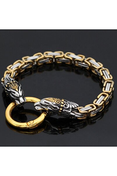 Tessero Viking Wolf Head Men's Bracelet - Premium Stainless Steel, Byzantine ...