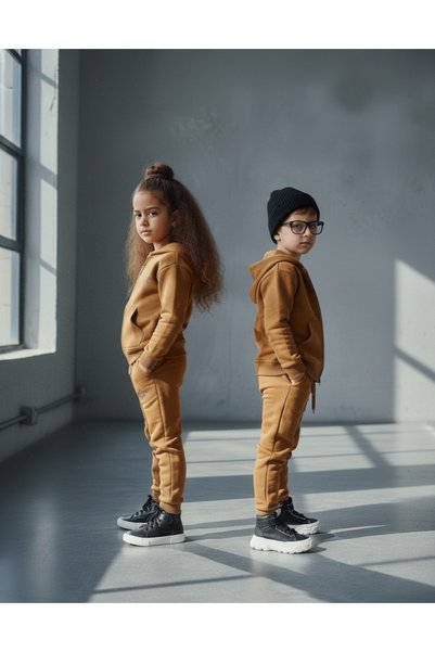 kyex kids Kyexkids Active Elegance-Retro Caramel Zippered Cardigan and Jogger Ribbed Tracksuit Set 3-8 Years