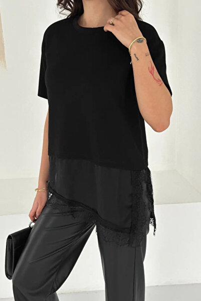 Cool & Sexy تي شيرت نسائي بتفاصيل دانتيل أسود