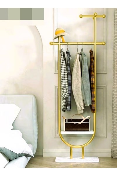 TrentonGCC Full Length Standing Clothes Hanger Gold Metal Coat Rack with Shel...