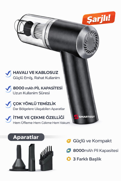 SMARTEST 8000pa Portatif Vakumlu Kablosuz Üflemeli-Çekmeli 3in1 Mini Araç Süp...