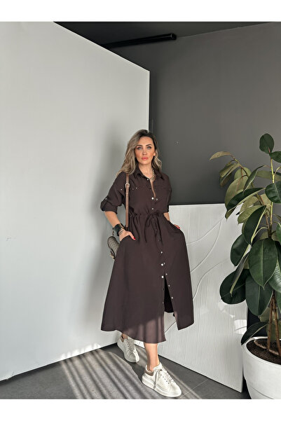 Zerrincan Giyim Kahve Zımbalı Beli İpli Tasarım Elbise