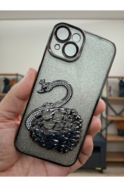 EPRO iPhone 15 Uyumlu Kuğulu Sulu Simli Taşlı Kamera Lens Korumalı Hoparlör T...