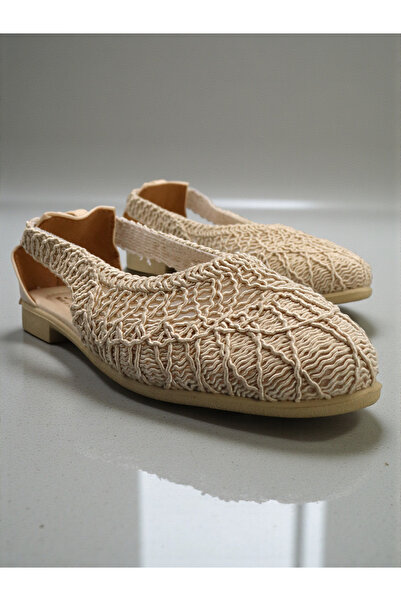 HFKY Women's Straw Bow Detailed Ballerinas. Open-Sided Straw Ballerinas.