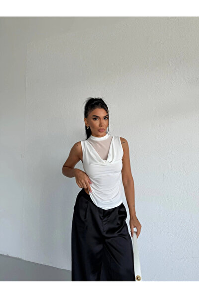 Cool & Sexy Collared Tulle Detailed Draped Sleeveless Women's Blouse White