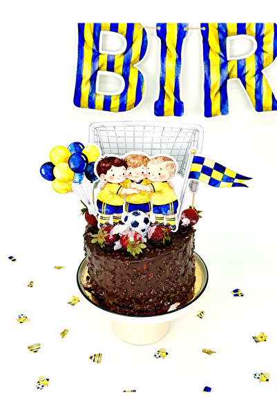 Flu Party زينة كعكة بتصميم أصفر-أزرق داكن - زينة كعكة بتصميم كرة القدم باللون...