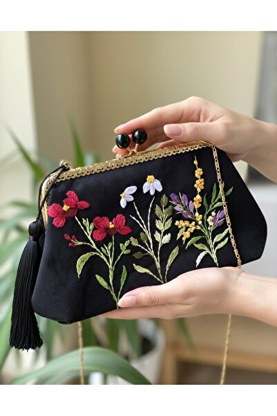 Home Siyah Keten El Nakışlı Vintage Tarzı Çanta. Astar Ve Zincir Detaylı. Nak...