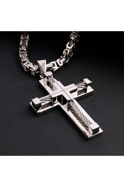 Tessero Men's Silver Cross Industrial Chain, Premium Stainless Steel, Byzanti...