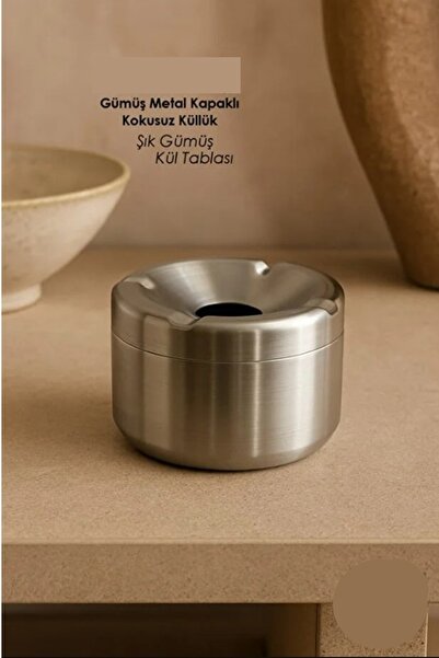 Kitchen Beauty Gümüş Kapaklı Kokusuz Paslanmaz Metal Küllük – Modern ve Şık T...