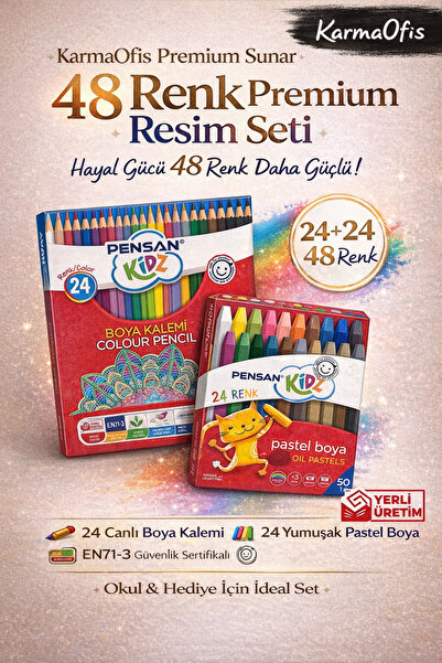 KarmaOfis 48 Renk Resim Seti – 24 Boya Kalemi + 24 Yumuşak Pastel Boya | Çocu...