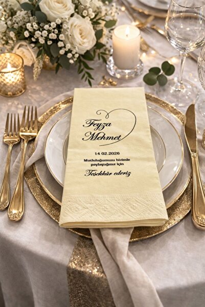 Hediyenza Sarı Baskılı Kalp Söz Düğün Nişan Peçetesi Sunum Peçetesi 0019 20 Adet