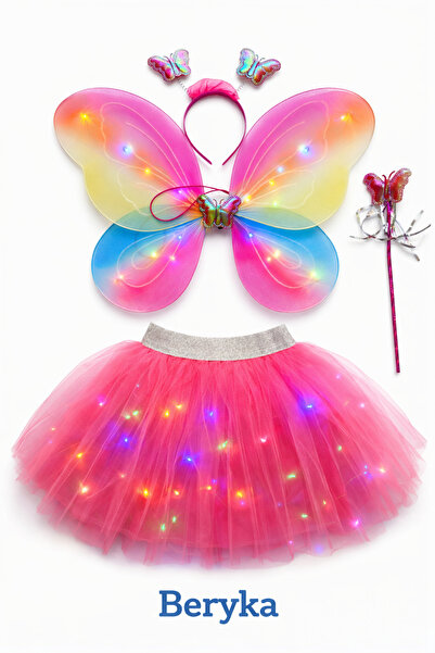 Beryka 4 Parça Işıklı Kelebek Kostüm Seti – Renkli Kanat, Asa, Taç ve Pembe T...