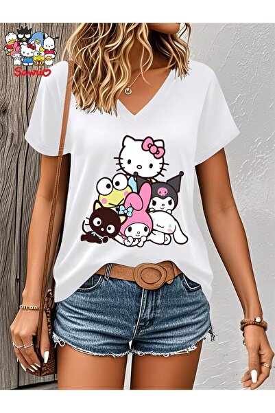 oneagılyazı Ženska letnja ležerna majica | Hello Kitty, kratki rukav, V-izrez