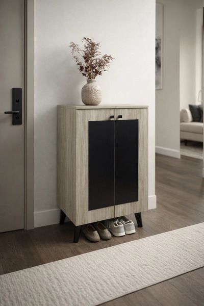 MARIA HOMES Modern Beige and Black Shoe Cabinet Storage Organizer for Entrywa...