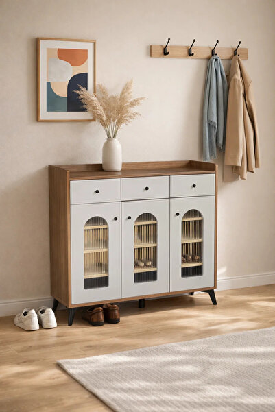 MARIA HOMES Elegant Shoe Storage Cabinet with Arched Glass Doors and Drawers,...