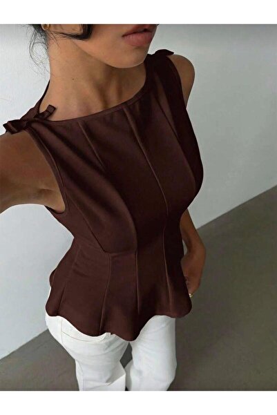 Violon Brown Bow Detailed Segmented Blouse