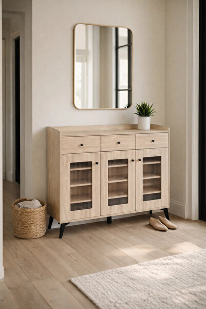 MARIA HOMES Modern Light Wood Shoe Cabinet with Drawers and Glass Doors - Sty...