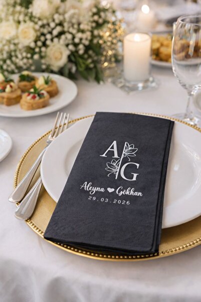 Hediyenza Siyah Baskılı Lotus Söz Düğün Nişan Peçetesi Sunum Peçetesi 0019 20...