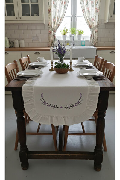 Nevvera Home Bohem Tarzı Lavanta Nakışlı Özel Tasarım Fırfırlı Runner