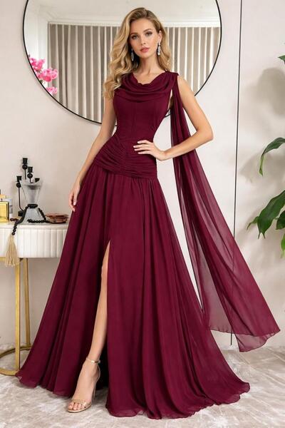 APARA Satin evening chiffon dress in burgundy with an off-the-shoulder design...