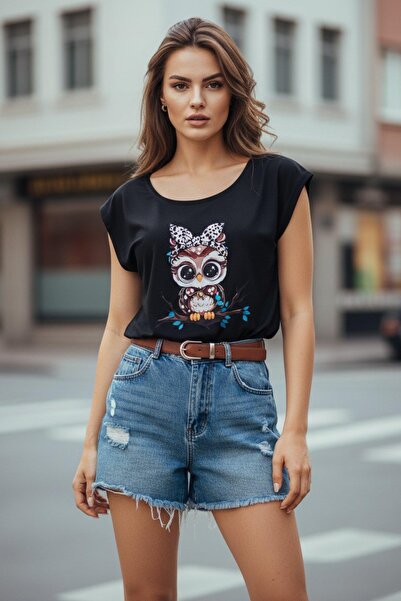 Mossta Zero Sleeve V-Neck Owl Printed Viscose Blouse - Black