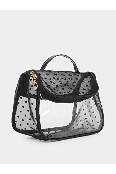Styli Black Heart Print Transparent Washbag