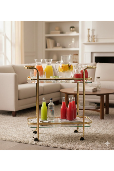 private house Modern glass serving trolley - luxury stainless steel frame, go...