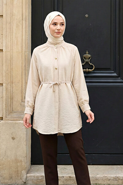 MODAQU Ornamental Buttoned Lace-Up Strawberry Shirt -Beige