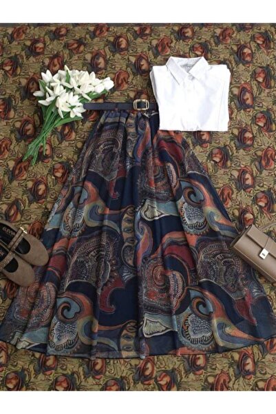 ŞAHİN TESETTÜR GİYİM SULU DESEN DERİ KEMERLİ BELİ LASTİKLİ ASTARLI ŞİFON ETEK...