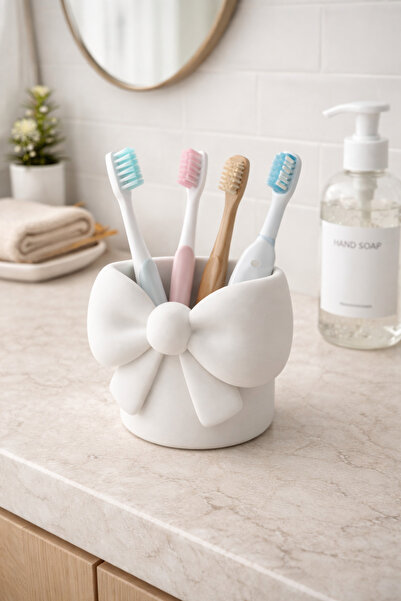 Coquette Style Bowknot Detailed Ceramic Look Toothbrush Holder & Makeup Brush Stand