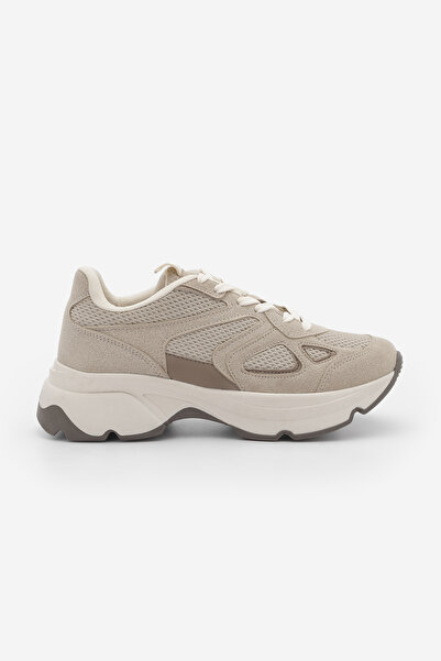 Marjin Kadın Sneaker Yüksek Kalın Taban Çok Parçalı Bağcıklı Spor Ayakkabı Volina Bej Süet