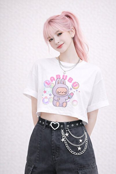 FANA Labubu Printed White Semi Crop T-Shirt – Oversized Cut 100% Cotton Women...