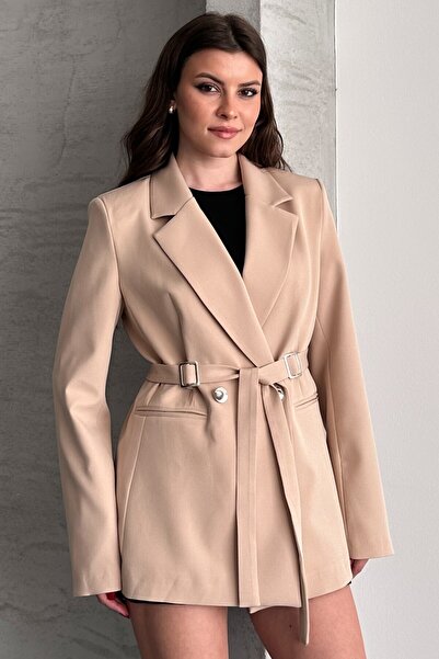 moda armanc Women's Beige Double Buckle Belted Blazer Jacket Stylish Double-B...