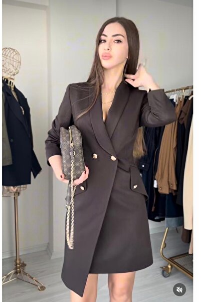 Store Kahve Gold Düğme Detaylı Kruvaze Blazer Elbise