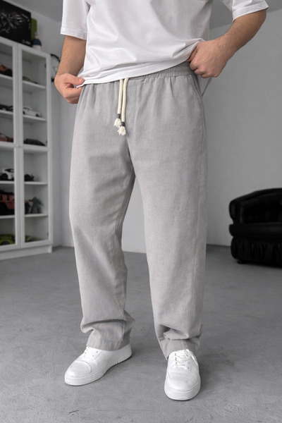 INFLUYENTE Men's Baggy Cut Linen Blend Muslin Trousers Breathable Thin Woven ...