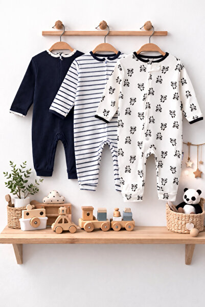 Simurg Baby Unisex Bebek Panda Baskılı Patiksiz 3'lü Tulum Takım Pamuklu 9-12-18