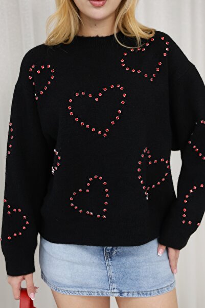 GRODYT Women's Black Knitwear Sweater, Red Stone Heart Detail, Crew Neck, Sof...