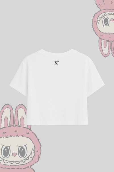 FANA Printed White Semi Cropped T-Shirt – Oversized Cut 100% Cotton Women's T-Shirt