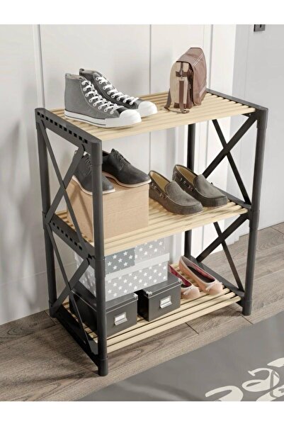 CasaNovi ZENNA 3 KATLI Dekoratif Çok Amaçlı AYAKKABILIK Siyah-Ahşap