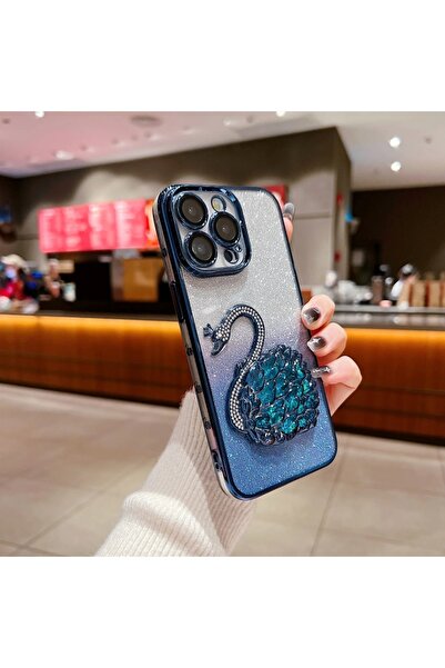 EPRO iPhone 15 Pro Uyumlu Kuğulu Sulu Simli Taşlı Kamera Lens Korumalı Hoparl...