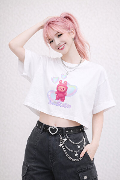 FANA Labubu Printed White Semi Crop T-Shirt – Oversized Cut 100% Cotton Women...