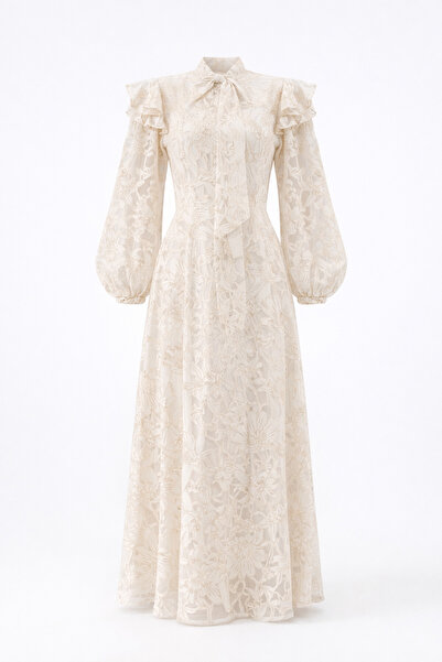 HAZELANNA cu broderie din dantelă Rochie Ecru cu guler tip eșarfă