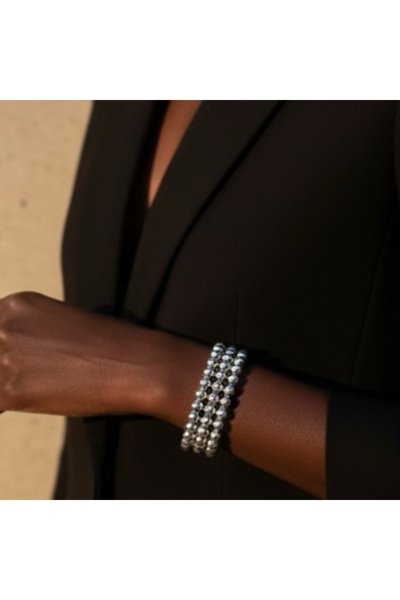 COCOSH TAKI Silver color round beads triple multi-link flexible bracelet