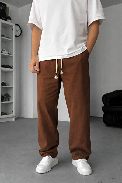 INFLUYENTE Men's Baggy Cut Linen Blend Muslin Trousers Breathable Thin Woven ...