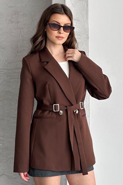 moda armanc Women's Brown Double Buckle Belted Blazer Jacket Stylish Double B...